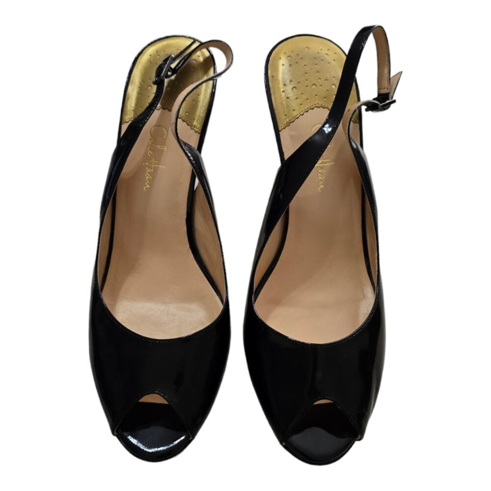 Cole Haan Slingback Black Patent Leather Peep Toe Elastic Strap Nike Air Sz 10.5